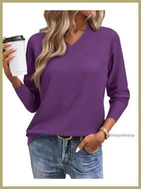 Women's Ribbed Knit V-Neck Long Sleeve Pullover Sweater Lightweight Casual Top